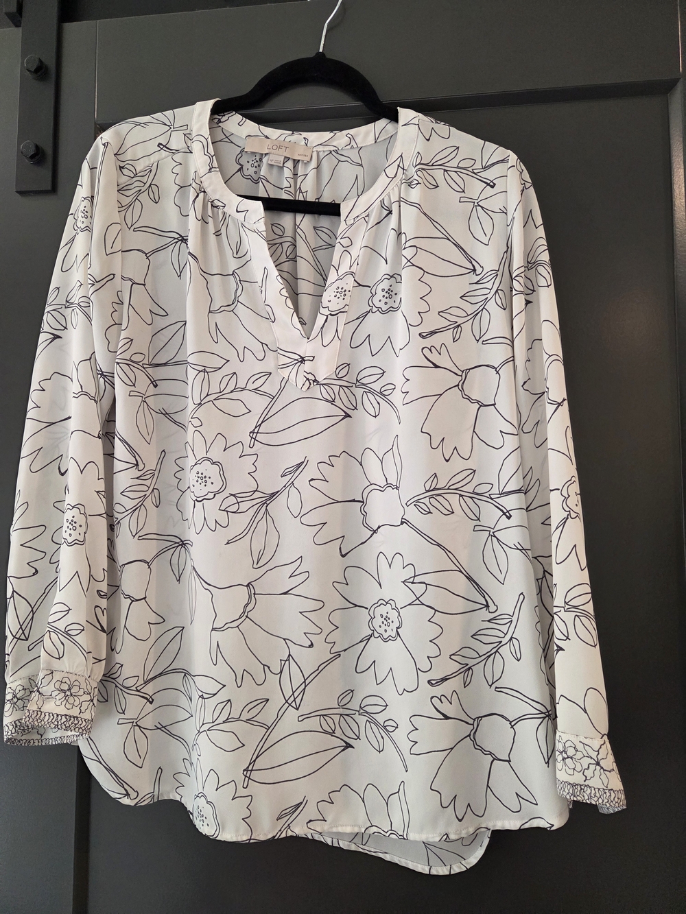 LOFT White Floral Outline Split-V Neck Blouse